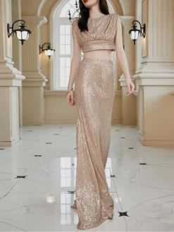 Women's Two Piece Dress Set Party Dress Skirt Set Party Wedding Guest Fashion Elegant Sequin Long Dress Maxi Dress Crew Neck Sleeveless Plain Regular Fit Apricot Summer Spring S M L XL