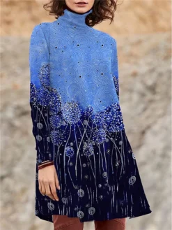 Women's Work Dress Casual Dress Swing Dress Fashion Winter Dress Daily Mini Dress Print Turtleneck Long Sleeve Dandelion Regular Fit Light Green Pink Blue Fall Winter S M L XL XXL -Party Prom Dresses Sales Store wsxyjr1694426126941