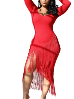 Women‘s Party Dress Wedding Guest Dress Fringe Dress Bodycon Midi Dress Black White Red Long Sleeve Pure Color Tassel Fringe Spring Fall Winter V Neck Fashion Winter Dress Vacation 2022 S M L XL XXL -Party Prom Dresses Sales Store wttxtr1640250273956