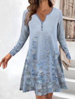Women's Work Dress Casual Dress Fashion Winter Dress Daily Mini Dress Button Print V Neck Long Sleeve Floral Ombre Regular Fit Blue Green Light Blue Fall Winter S M L XL XXL