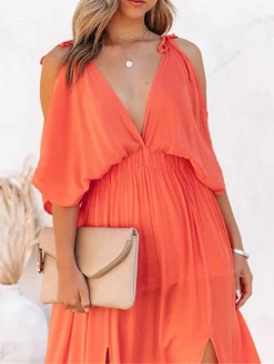 Women's Long Dress Maxi Dress Party Dress Swing Dress A Line Dress Pure Color Basic Casual Holiday Date Beach Backless Split Half Sleeve V Neck Dress Loose Fit White Yellow Orange Spring Summer S M L -Party Prom Dresses Sales Store wtwzwn1673321892273