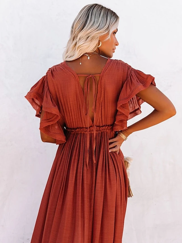 Women's Swing Dress Maxi Long Dress Green Orange Rust Red White Black Backless Short Sleeve Solid Color Summer Spring V Neck Boho Beach Loose 2023 One-Size 2 Women's Swing Dress Maxi Long Dress Green Orange Rust Red White Black Backless Short Sleeve Solid Color Summer Spring V Neck Boho Beach Loose 2023 One-Size - Image 2