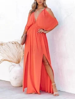 Women's Long Dress Maxi Dress Party Dress Swing Dress A Line Dress Pure Color Basic Casual Holiday Date Beach Backless Split Half Sleeve V Neck Dress Loose Fit White Yellow Orange Spring Summer S M L -Party Prom Dresses Sales Store wuents1673321890445
