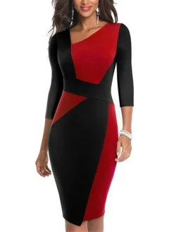 Women's Work Dress Sheath Dress Semi Formal Dress Fashion Midi Dress Patchwork V Neck 3/4 Length Sleeve Color Block Regular Fit Black Red Navy Blue Fall Winter S M L XL XXL -Party Prom Dresses Sales Store wufsql1692610636545