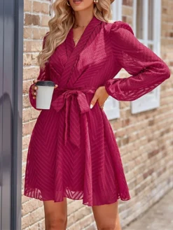Women's Work Dress Casual Dress Sheath Dress Fashion Office Daily Workfashion Mini Dress Lace Up Ruched V Neck Long Sleeve Plain Loose Fit Black Wine Apricot Fall Winter S M L XL -Party Prom Dresses Sales Store wupyhz1695363031499