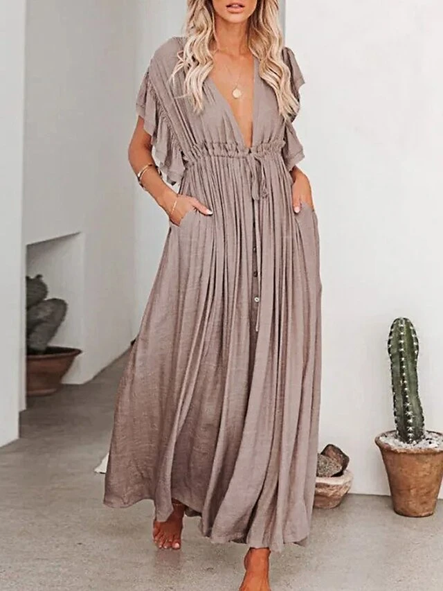 Women's Swing Dress Maxi Long Dress Green Orange Rust Red White Black Backless Short Sleeve Solid Color Summer Spring V Neck Boho Beach Loose 2023 One-Size 14 Women's Swing Dress Maxi Long Dress Green Orange Rust Red White Black Backless Short Sleeve Solid Color Summer Spring V Neck Boho Beach Loose 2023 One-Size - Image 14