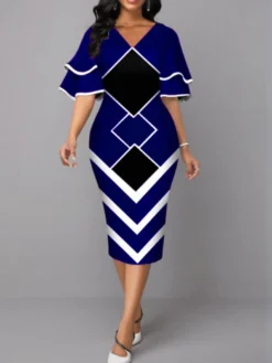 Women's Work Dress Sheath Dress Semi Formal Dress Fashion Office Daily Midi Dress Print V Neck Half Sleeve Geometric Regular Fit Yellow Wine Royal Blue Fall Winter S M L XL XXL -Party Prom Dresses Sales Store wuquwg1696732977428