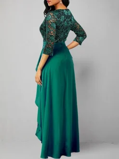 Women's Prom Dress Party Dress Lace Dress Long Dress Maxi Dress Green 3/4 Length Sleeve Pure Color Lace Spring Fall Winter V Neck Fashion Wedding Guest Evening Party Vacation 2023 S M L XL XXL 3XL -Party Prom Dresses Sales Store wusynv1695030114922