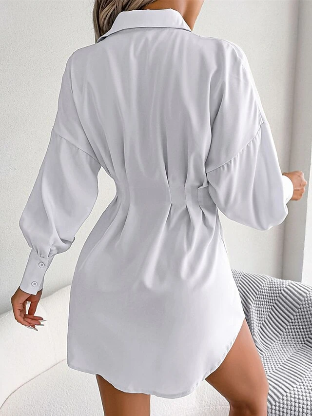 Women's Work Dress White Dress Semi Formal Dress Fashion Office Daily Workfashion Mini Dress Ruched Button Shirt Collar Long Sleeve Plain Loose Fit White Blue Army Green Fall Winter S M L XL 2 Women's Work Dress White Dress Semi Formal Dress Fashion Office Daily Workfashion Mini Dress Ruched Button Shirt Collar Long Sleeve Plain Loose Fit White Blue Army Green Fall Winter S M L XL - Image 2