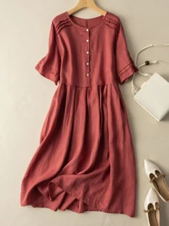 Women's Casual Dress Cotton Linen Dress Midi Dress Linen / Cotton Blend Fashion Classic Style Outdoor Daily Holiday Crew Neck Button Short Sleeve Fall Winter Autumn 2023 Loose Fit Pink Wine Green 8 Women's Casual Dress Cotton Linen Dress Midi Dress Linen / Cotton Blend Fashion Classic Style Outdoor Daily Holiday Crew Neck Button Short Sleeve Fall Winter Autumn 2023 Loose Fit Pink Wine Green -Party Prom Dresses Sales Store wvvqng1694418667193