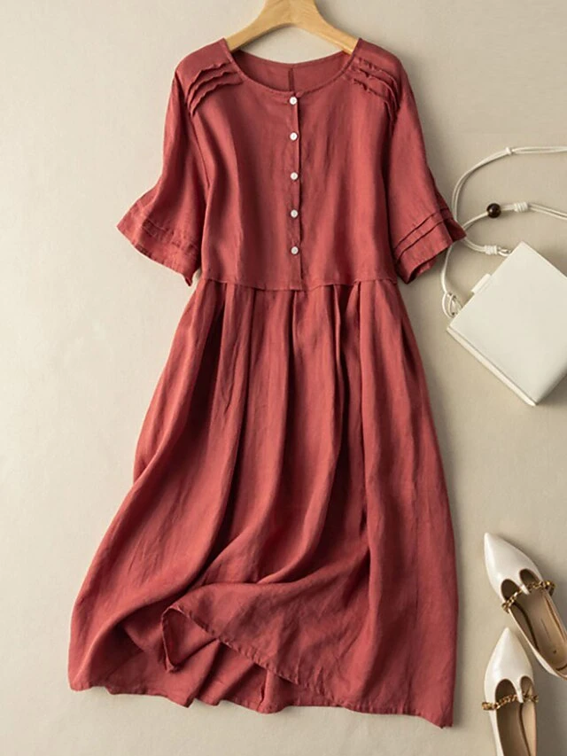 Women's Casual Dress Cotton Linen Dress Midi Dress Linen / Cotton Blend Fashion Classic Style Outdoor Daily Holiday Crew Neck Button Short Sleeve Fall Winter Autumn 2023 Loose Fit Pink Wine Green 3 Women's Casual Dress Cotton Linen Dress Midi Dress Linen / Cotton Blend Fashion Classic Style Outdoor Daily Holiday Crew Neck Button Short Sleeve Fall Winter Autumn 2023 Loose Fit Pink Wine Green - Image 3