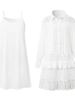 Women's Shirt Dress Casual Dress Cotton Linen Dress Mini Dress Lace Basic Classic Outdoor Daily Vacation Shirt Collar Lace Patchwork Long Sleeve Summer Spring Fall 2023 Loose Fit White Sky Blue Plain -Party Prom Dresses Sales Store wwbjrj1684138259695