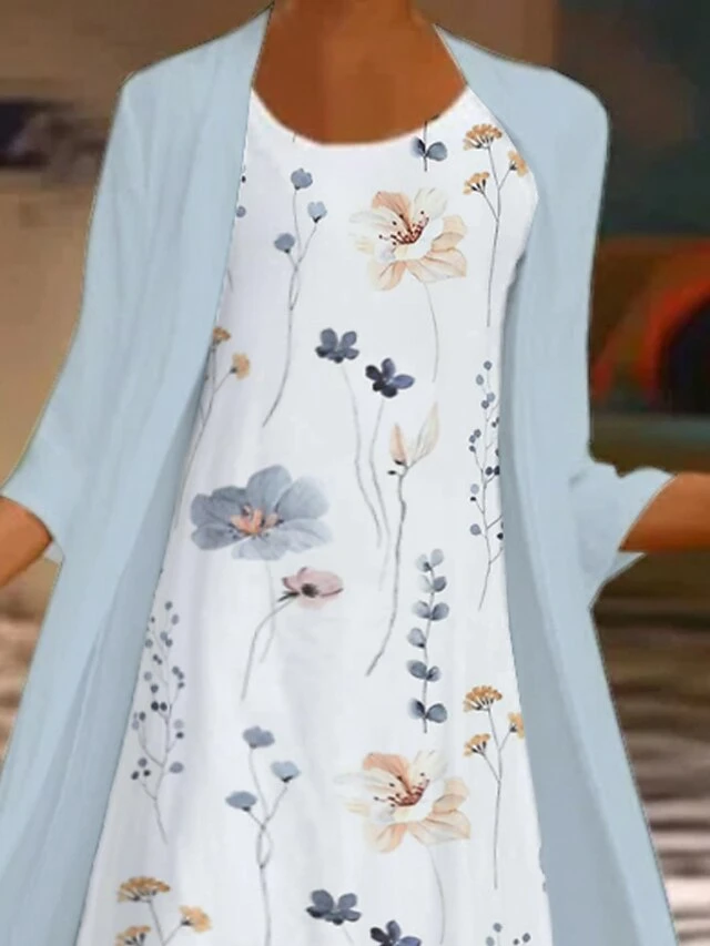 Women's Two Piece Dress Set Casual Dress Print Dress Outdoor Daily Fashion Modern Print Midi Dress Crew Neck 3/4 Length Sleeve Floral Regular Fit White Summer Spring S M L XL XXL 2 Women's Two Piece Dress Set Casual Dress Print Dress Outdoor Daily Fashion Modern Print Midi Dress Crew Neck 3/4 Length Sleeve Floral Regular Fit White Summer Spring S M L XL XXL - Image 2