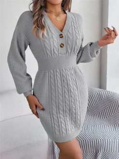 Women's Sweater Dress Winter Dress Jumper Dress Mini Dress Active Pure Color Outdoor Casual Holiday Vacation V Neck Long Sleeve Button 2023 Regular Fit White Pink Green S M L -Party Prom Dresses Sales Store wwvnet1696926545128