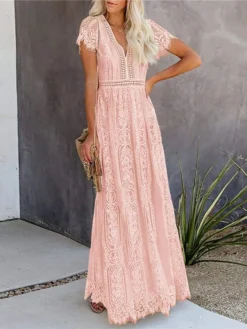 Women's Party Dress Lace Dress Swing Dress Long Dress Maxi Dress Pink White Short Sleeve Pure Color Lace Spring Summer V Neck Modern 2023 S M L XL XXL -Party Prom Dresses Sales Store wwvqdt1652151586973
