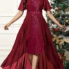 Women's Prom Dress Party Dress Sequin Dress Long Dress Maxi Dress Wine Half Sleeve Pure Color Sequins Spring Fall Winter Crew Neck Fashion Christmas Wedding Guest Evening Party 2023 S M L XL XXL 3XL