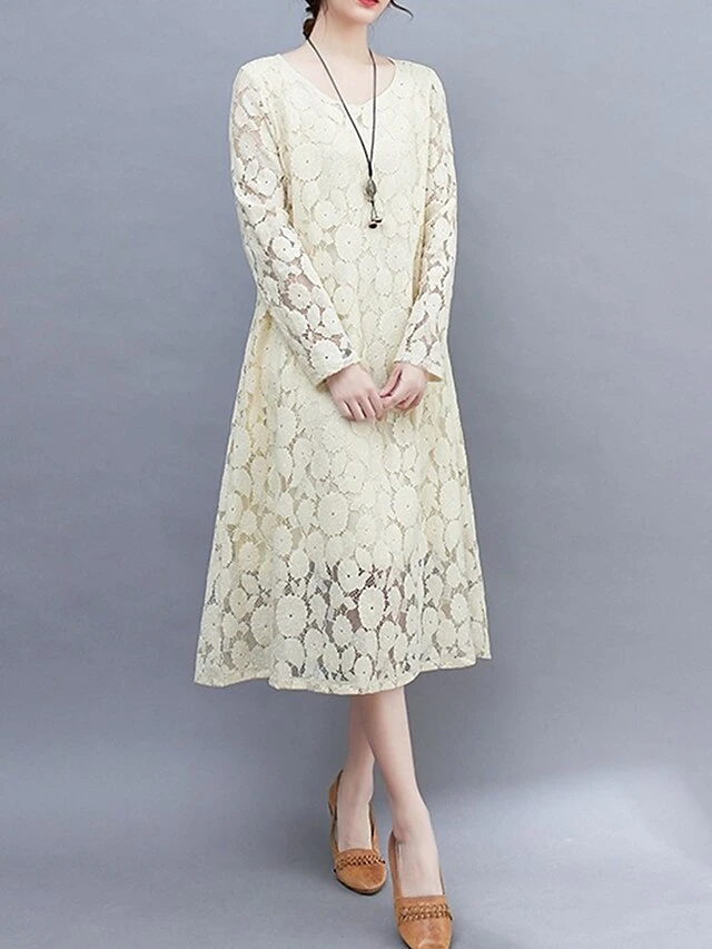 Women's Work Dress Lace Dress Black Dress Fashion Midi Dress Lace Pocket Crew Neck Long Sleeve Plain Loose Fit Black White Pink Fall M L XL XXL 3XL 12 Women's Work Dress Lace Dress Black Dress Fashion Midi Dress Lace Pocket Crew Neck Long Sleeve Plain Loose Fit Black White Pink Fall M L XL XXL 3XL - Image 12