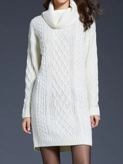 Women's Sweater Dress Jumper Dress Winter Dress Mini Dress Warm Plain Outdoor Daily Holiday Vacation Turtleneck Long Sleeve 2023 Loose Fit White Wine Blue M L XL XXL 3XL -Party Prom Dresses Sales Store wxakvf1697711245860
