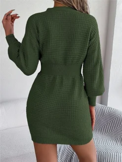 Women's Sweater Dress Winter Dress Jumper Dress Mini Dress Active Pure Color Outdoor Casual Holiday Vacation V Neck Long Sleeve Button 2023 Regular Fit White Pink Green S M L -Party Prom Dresses Sales Store wxipdp1696926541195