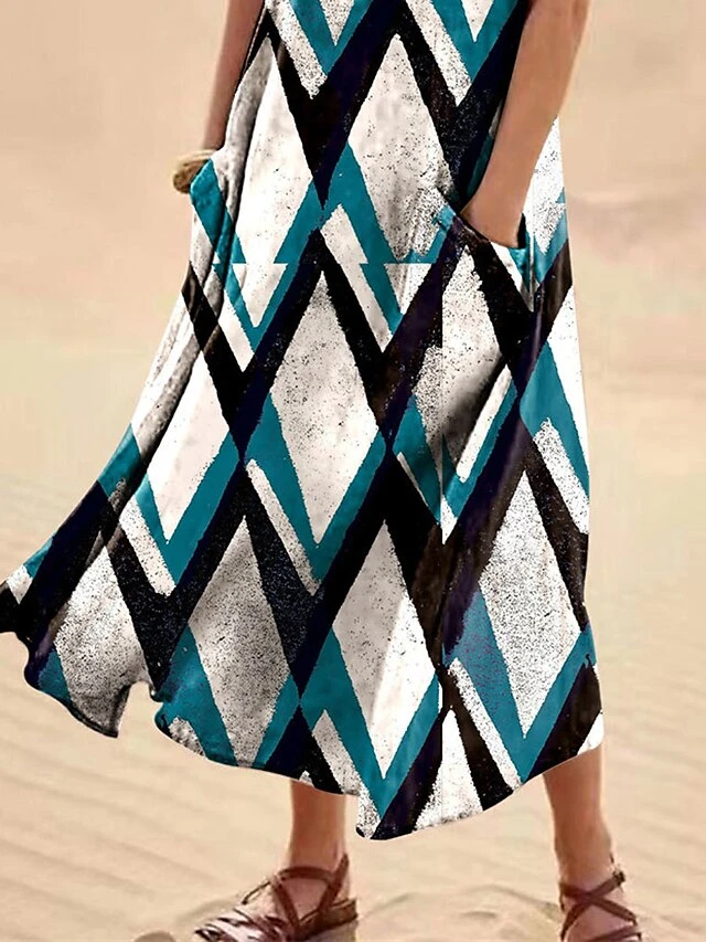 Women's Casual Dress Cotton Linen Dress Swing Dress Midi Dress Polyester Fashion Casual Daily Outdoor Daily Vacation Crew Neck Pocket Print 3/4 Length Sleeve Summer Spring Fall 2023 Regular Fit Blue 2 Women's Casual Dress Cotton Linen Dress Swing Dress Midi Dress Polyester Fashion Casual Daily Outdoor Daily Vacation Crew Neck Pocket Print 3/4 Length Sleeve Summer Spring Fall 2023 Regular Fit Blue - Image 2