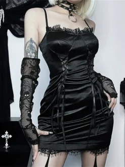 Women's Party Dress Cocktail Dress Bodycon Mini Dress Black Sleeveless Pure Color Lace Up Spring Fall Winter Spaghetti Strap Fashion Halloween Birthday Wedding Guest 2023 S M L -Party Prom Dresses Sales Store wxwpve1693886966894