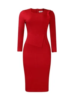 Women's Work Dress Sheath Dress Black Dress Fashion Midi Dress Ruched Split Crew Neck Long Sleeve Plain Regular Fit Black White Red Fall Winter S M L XL XXL -Party Prom Dresses Sales Store wybmyy1693206409532