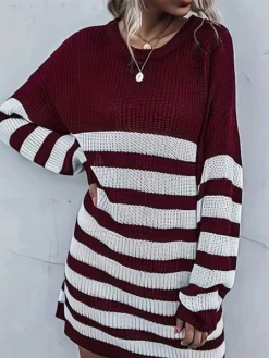 Women's Sweater Dress Jumper Dress Casual Dress Mini Dress Warm Color Block Outdoor Casual Daily Going Out Crew Neck Long Sleeve Patchwork 2023 Loose Fit Wine S M L