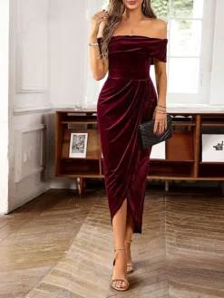Women's Prom Dress Party Dress Velvet Dress Long Dress Maxi Dress Black Wine Blue Short Sleeve Pure Color Pleated Spring Fall Winter Off Shoulder Fashion Winter Dress Office Evening Party 2023 S M L -Party Prom Dresses Sales Store wyldwm1694586256844
