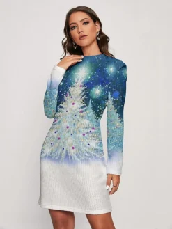 Women's Christmas Dress Sweater Dress Jumper Dress Midi Dress Warm Christmas Tree Outdoor Christmas Daily Holiday Round Neck Long Sleeve 2023 Regular Fit Red Blue Purple S M L XL XXL 3XL
