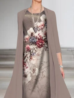 Women's Dress Set Two Piece Dress Church Dress Midi Dress Light Brown Light Grey Half Sleeve Floral Print Summer Spring Fall Crew Neck Elegant Wedding Guest Vacation 2023 S M L XL XXL 3XL -Party Prom Dresses Sales Store wzrntm1664181819970
