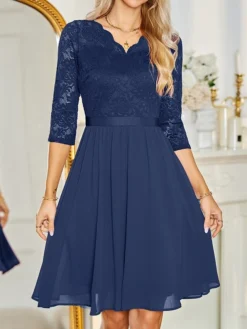 Women's Party Dress Lace Dress Cocktail Dress Long Dress Maxi Dress Black Wine Dark Blue 3/4 Length Sleeve Pure Color Ruched Summer Spring Fall V Neck Fashion Vacation Spring Dress 2023 S M L XL 2XL