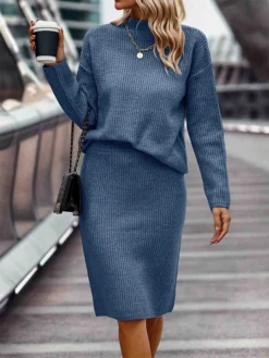 Women's Two Piece Dress Set Casual Dress Skirt Set Outdoor Daily Fashion Streetwear Ribbed Midi Dress Turtleneck Long Sleeve Plain Loose Fit Black Wine Dark Pink Fall Winter S M L XL XXL