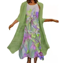 Women's Dress Set Two Piece Dress Chiffon Dress Midi Dress Purple Green 3/4 Length Sleeve Print Print Summer Spring Crew Neck Vacation 2023 M L XL 2XL 3XL 4XL -Party Prom Dresses Sales Store wzyfag1649210689127
