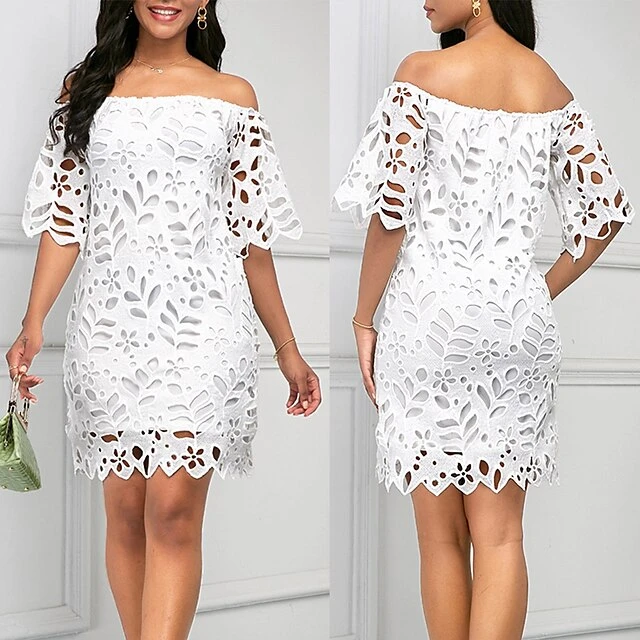 Women‘s Party Dress Wedding Guest Dress Shift Dress White Dress Mini Dress White Half Sleeve Pure Color Lace Fall Spring Autumn Off Shoulder Elegant 2023 S M L XL XXL 1 Women‘s Party Dress Wedding Guest Dress Shift Dress White Dress Mini Dress White Half Sleeve Pure Color Lace Fall Spring Autumn Off Shoulder Elegant 2023 S M L XL XXL