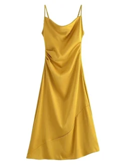 Women's Prom Dress Party Dress Satin Dress Midi Dress Yellow Pink Sleeveless Pure Color Ruched Fall Winter Autumn Spaghetti Strap Fashion Evening Party Vacation 2023 S M L -Party Prom Dresses Sales Store xbiaaj1695268633677