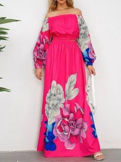 Women's Two Piece Dress Set Casual Dress Skirt Set Daily Going Out Casual Ruched Print Long Dress Maxi Dress Off Shoulder Long Sleeve Floral Regular Fit Blue Green Rose Red Fall Winter S M L XL XXL -Party Prom Dresses Sales Store xbqmea1692339427306
