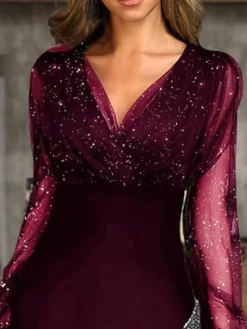 Women‘s Semi Formal Party Dress Homecoming Dress Sheath Dress Mini Dress Claret Black Long Sleeve Plain Mesh Winter Spring Autumn V Neck Fashion Fall Dress Slim 2023 S M L XL 2XL 3XL 4XL 5XL -Party Prom Dresses Sales Store xbwzow1669627887002