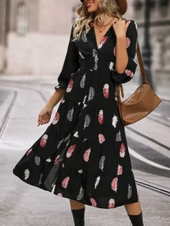 Women's Work Dress Casual Dress Swing Dress Fashion Winter Dress Daily Midi Dress Button Split V Neck Long Sleeve Print Regular Fit Black Fall Winter S M L XL -Party Prom Dresses Sales Store xcgjfw1695096212945