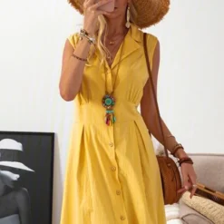 Women's Cotton Linen Dress Casual Dress Swing Dress Midi Dress Black White Yellow Sleeveless Pure Color Button Summer Spring Shirt Collar Fashion Vacation Loose Fit 2023 S M L XL XXL 3XL -Party Prom Dresses Sales Store xcgvxf1649243397953