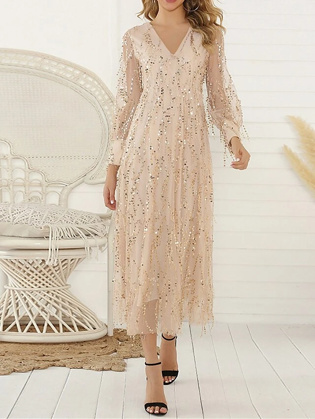 Women's Prom Dress Party Dress Fringe Dress Long Dress Maxi Dress Black Beige Long Sleeve Pure Color Sequins Summer Spring V Neck Party 2023 S M L XL 2XL 14 Women's Prom Dress Party Dress Fringe Dress Long Dress Maxi Dress Black Beige Long Sleeve Pure Color Sequins Summer Spring V Neck Party 2023 S M L XL 2XL - Image 14