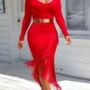 Women‘s Party Dress Wedding Guest Dress Fringe Dress Bodycon Midi Dress Black White Red Long Sleeve Pure Color Tassel Fringe Spring Fall Winter V Neck Fashion Winter Dress Vacation 2022 S M L XL XXL