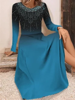 Women's Work Dress Casual Dress Swing Dress Fashion Winter Dress Daily Midi Dress Print Crew Neck Long Sleeve Floral Ombre Regular Fit Blue Purple Fuchsia Fall Winter S M L XL XXL