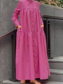 Women's Shirt Dress Casual Dress Cotton Linen Dress Maxi Long Dress Cotton Basic Classic Outdoor Daily Vacation Stand Collar Button Pocket Long Sleeve Spring Fall Winter 2023 Loose Fit Black Red Camel -Party Prom Dresses Sales Store xdsmkm1692784195779