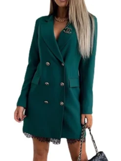 Women‘s Work Dress Blazer Dress And Jacket Set Party Dress Mini Dress Black Red Green Long Sleeve Pure Color Lace Fall Winter Autumn Shirt Collar Work Winter Dress Fall Dress Loose Fit 2023 -Party Prom Dresses Sales Store xeoihf1636100785059