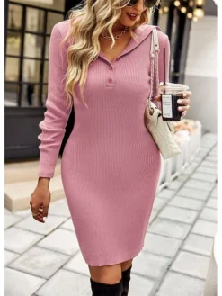 Women‘s Sweater Dress Winter Dress Bodycon Green Pink Champagne Brown Black Long Sleeve Pure Color Button Spring Summer Shirt Collar Stylish Modern 2022 S M L XL Sheath Dress -Party Prom Dresses Sales Store xfeotq1659942311340