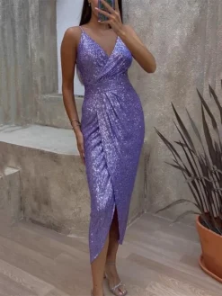 Women‘s Prom Dress Party Dress Sequin Dress Long Dress Maxi Dress Black Purple Sleeveless Pure Color Sparkly Glitter Sequins Summer Spring Fall Spaghetti Strap Fashion Winter Dress Wedding