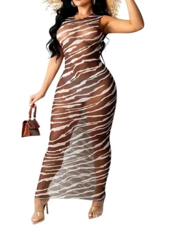 Women's Sheath Dress Long Dress Maxi Dress Black Army Green Sleeveless Striped Print Spring Summer Crew Neck Slim Mesh S M L XL XXL -Party Prom Dresses Sales Store xgtuvh1628149160788