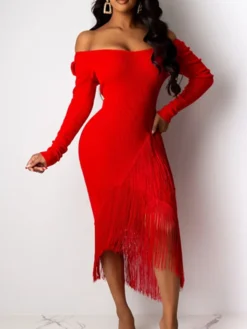 Women‘s Party Dress Wedding Guest Dress Fringe Dress Bodycon Midi Dress Black White Red Long Sleeve Pure Color Tassel Fringe Spring Fall Winter V Neck Fashion Winter Dress Vacation 2022 S M L XL XXL -Party Prom Dresses Sales Store xgumpd1640250274213