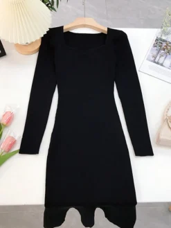 Women's Sweater Dress Jumper Dress Casual Dress Midi Dress Fashion Pure Color Outdoor Daily Vacation Going Out V Neck Long Sleeve Patchwork 2023 Regular Fit Black Pink Blue S M -Party Prom Dresses Sales Store xhixfk1695268455161