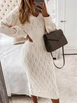 Women‘s Sweater Dress Winter Dress Midi Dress White Long Sleeve Pure Color Ruched Winter Fall V Neck Casual M L XL XXL 3XL